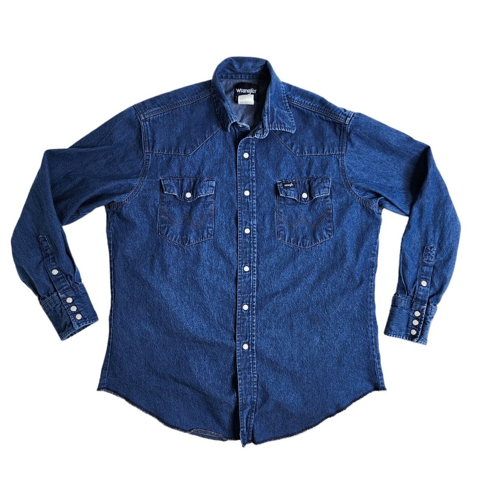 Vintage Wrangler Denim Western Shirt Pearl Snap Size 16 1/2 X 34 Large